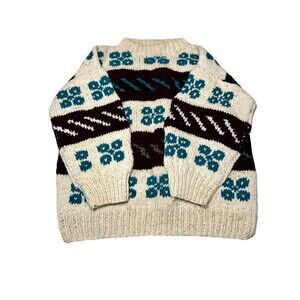 Ecuadorian Hand Knitted Wool Sweater Fair Isle Crew Neck Multicolor Unisex Large